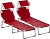 Two red sun loungers with gray frames and adjustable headrests are shown against a white background.