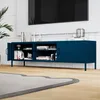 A dark blue TV stand with open shelves and doors, filled with books and decorative items, is placed in a modern living room setting. Anteprima dell’immagine prodotto