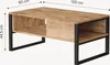 A rectangular coffee table with a wood-look top and black metal legs, shown with dimensions indicated. Voir les images du produit