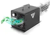 A black ozone generator with a silver handle is shown with stylized green leaves and blue waves emanating from one side, and smoke with arrows emanating from the other side. Náhled obrázku produktu