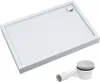 A white rectangular shower tray with a chrome drain cover and a separate white drain fitting with a chrome cover and a flexible pipe. Produktbild-Vorschau