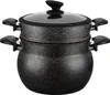 A black speckled steamer pot with a glass lid and black handles, isolated on a white background. Produktbild-Vorschau