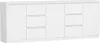 A white sideboard or dresser with multiple drawers and doors, set against a plain white background.