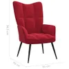 A red velvet armchair with dimensions indicated by text overlays. Náhled obrázku produktu
