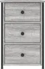 A front view of a gray wood-grain three-drawer nightstand with black metal frame. Produktbild-Vorschau