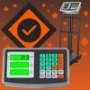 A digital scale display and a portion of a scale are shown against an orange and brown patterned background. Voir les images du produit