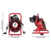 Two views of a red drain cleaning machine with a coiled cable. Podgląd zdjęcia produktu