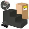 A three-step pet stair with a cardboard box and a close-up of the fabric and zipper. Produktbild-Vorschau