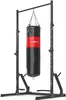 A black and red punching bag hanging from a black metal rack against a white background. Produktbild-Vorschau