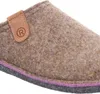 Close-up view of a brown felt slipper with a pink and gray trim. Produktbild-Vorschau