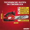 A red and black chainsaw with technical specifications displayed around it against a red background. Produktbild-Vorschau