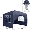 A dark gray pop-up gazebo with windows, shown with dimensions and a folded version. Produktbild-Vorschau