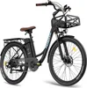 A black electric bicycle with a front basket and rear rack is shown against a white background. Náhled obrázku produktu