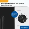 Close-up of a white microwave control panel with text overlays highlighting features. Produktbild-Vorschau