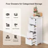A white wooden cabinet with four drawers is shown, with icons and text indicating categorized storage options. Produktbild-Vorschau