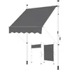 A dark gray retractable awning with white support poles, shown against a white background. Two smaller, rolled-up awnings are displayed below.
