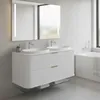 A modern bathroom vanity with double sinks and a large illuminated mirror above. A bathtub is visible to the right. Náhled obrázku produktu