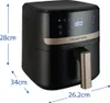A black Russell Hobbs air fryer with gold accents and a digital display is shown with dimensions indicated. Anteprima dell’immagine prodotto