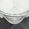 A top-down view of a modern corner shower enclosure with a curved glass door. Podgląd zdjęcia produktu