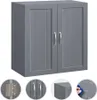 A dark gray wall-mounted cabinet with two doors and silver handles, shown against a white background. Smaller inset images show a hinge, the cabinet handles, and a close-up of the cabinet corner with water droplets. Podgląd zdjęcia produktu