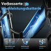 Close-up of an electric bicycle battery with lightning graphics and text overlays describing features. Produktbild-Vorschau