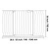 A white metal baby gate is shown against a white background with measurement indicators. Voir les images du produit