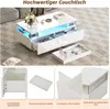 A collage of images showcasing a white high-gloss coffee table with LED lighting and drawers, along with close-ups of its features. Podgląd zdjęcia produktu