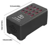A black 12-port USB charger station with dimensions indicated. Náhled obrázku produktu