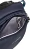 A close-up view of the interior of a navy blue hip pack, showing a key clip attached to a ring inside. Produktbild-Vorschau