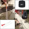 Collage of images showing a solar shower bag, its components, and its use in outdoor settings. Podgląd zdjęcia produktu
