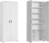 A white two-door tall cabinet with shelves, shown closed from the front and open from the side. Voir les images du produit