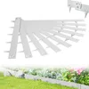 A fanned out display of white metal garden edging strips with spikes, and a separate image of two strips connected, above a blurred garden scene with grass and flowers. Produktbild-Vorschau