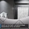 A reflection of a bathroom mirror with tiled walls and a towel hanging on a hook. Anteprima dell’immagine prodotto