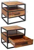 Two views of a wooden nightstand with a black metal frame. The top view includes dimensions and labels. Podgląd zdjęcia produktu