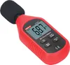 A red and black digital sound level meter with a black foam windscreen on the microphone. Produktbild-Vorschau