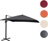 A dark gray cantilever umbrella is shown against a white background. To the right of the umbrella, there are four circular swatches of different colors: burgundy, orange, cream, and dark gray. Produktbild-Vorschau