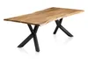 A wooden dining table with black metal legs, shown from a diagonal angle against a white background. Produktbild-Vorschau