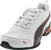 A white Puma athletic shoe with red and gray accents, shown from a side-angle. Produktbild-Vorschau