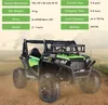 A green and black ride-on UTV with specifications listed in green boxes. Produktbild-Vorschau