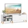 A white TV stand with a television on top, displaying a beach scene. Náhled obrázku produktu