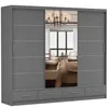 A gray sliding door wardrobe with mirrored doors and drawers at the bottom, reflecting a bedroom interior. Voir les images du produit