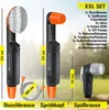 A product image showcasing a camping shower set with various accessories, presented against a blurred outdoor background. Produktbild-Vorschau