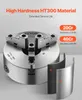 A metal lathe chuck with marketing text and material information. Produktbild-Vorschau