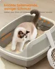 A cat is using an open litter box with high sides, and there is text on the image describing the product's features. Produktbild-Vorschau