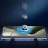 A metallic sphere is shown falling onto a smartphone screen, with glowing blue rings emanating from the point of impact, suggesting durability. Produktbild-Vorschau