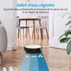 A robot vacuum cleaner is shown on a wooden floor in a room with furniture. The image highlights the adjustable water flow feature. Produktbild-Vorschau