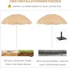 Two installation methods for a beach umbrella are shown, with diagrams illustrating how to insert it into the ground or use a stand. Produktbild-Vorschau