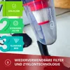 A close-up of a vacuum cleaner's dustbin with filter, accompanied by marketing graphics highlighting features. Anteprima dell’immagine prodotto
