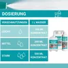 An infographic showing the dilution ratios for a cleaning product based on the level of soiling, with product bottles shown on the right. Produktbild-Vorschau