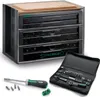 A tool set in a multi-drawer cabinet, with a screwdriver and a case of sockets in the foreground. Produktbild-Vorschau